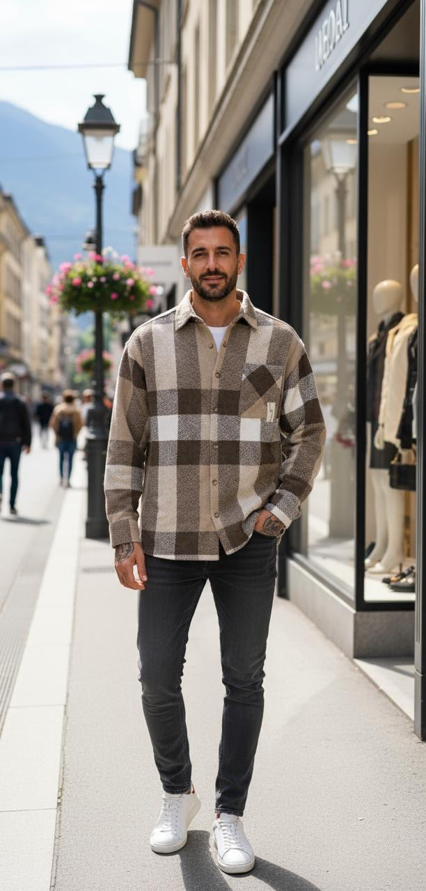 Chemise à carreaux marron et beige