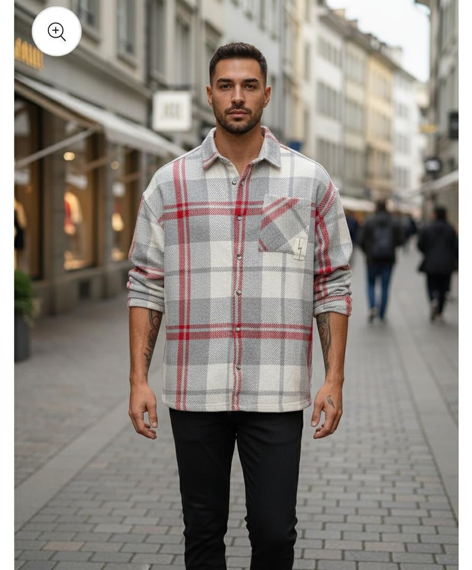 Chemise à carreaux gris et rouge
