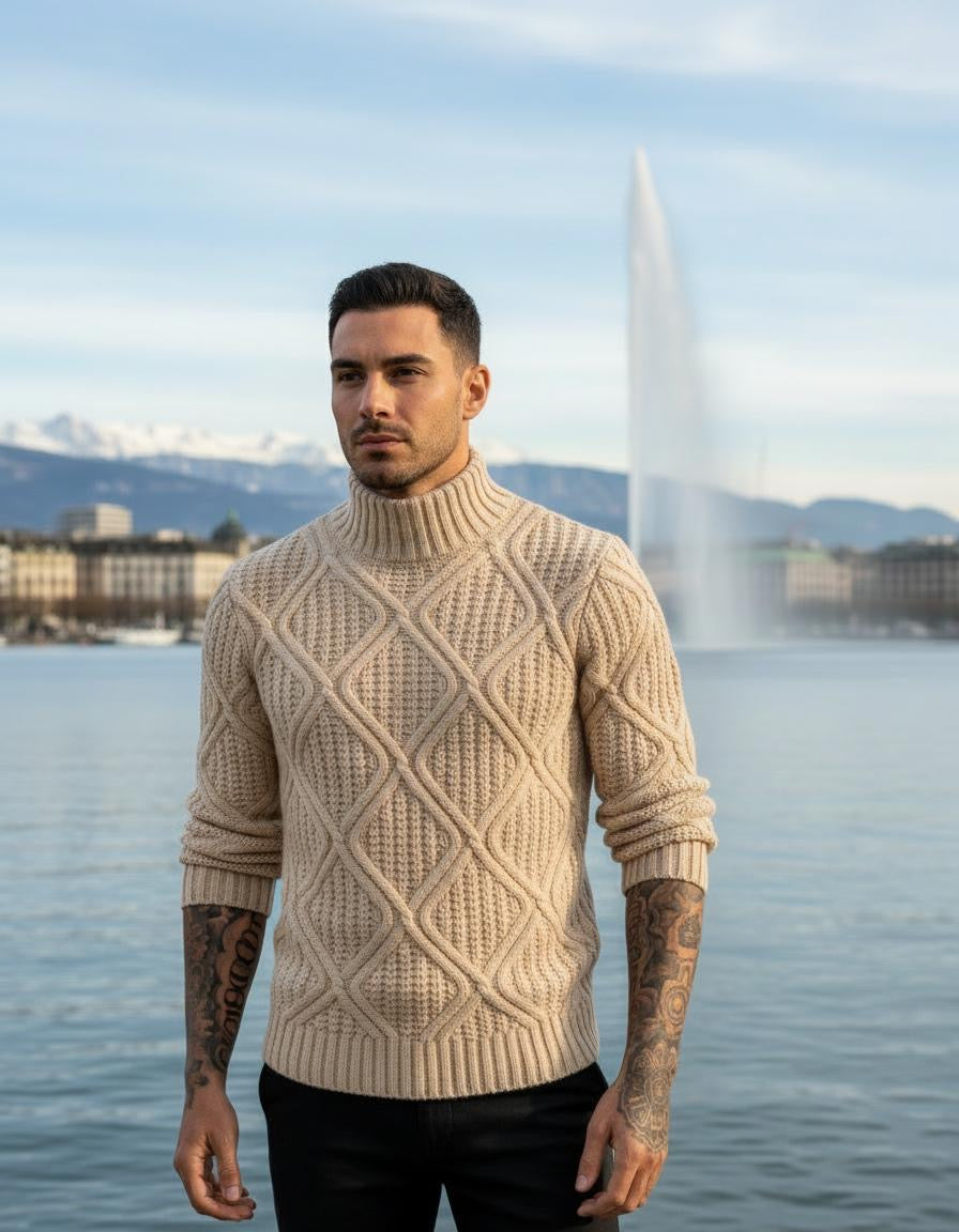 Pull irlandais col cheminé beige