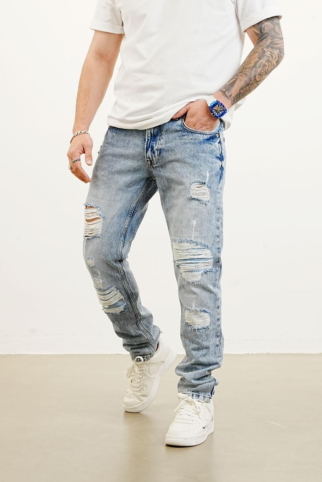Jean coupe droite Bleu déchirer